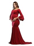 JustVH Maternity Fitted Gown Off Shoulder Flare Long Sleeve Mermaid Maxi Photography Dress