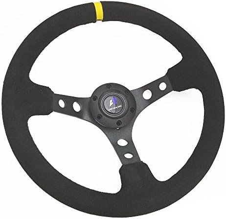 LR Universal 14" steering wheel with horn, 6 bolts 3" Dish, Black Spoke (Suede Stitch)