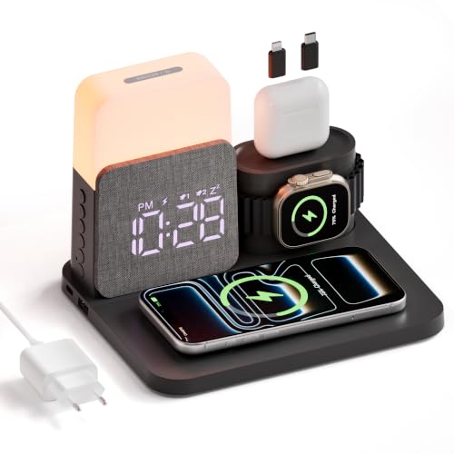 5 en 1 Station de Charge pour A-pple Reveil Chargeur Induction pour i Phone 17-11 pour air-pods A-pple Watch Chargeur sans Fil avec Lampe pour la Chambre à Coucher Adaptateur Inclus