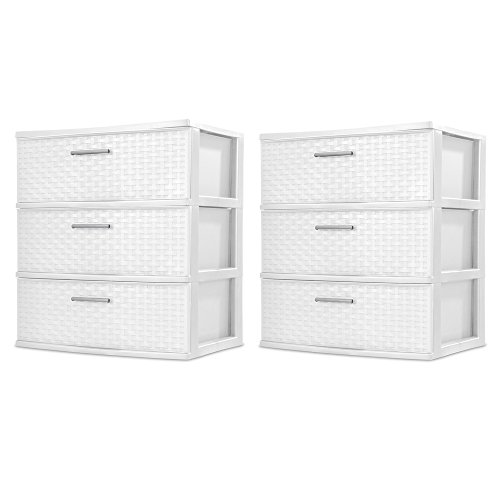 Sterilite 3 Drawers Wide Weave Tower Plastic Storage Organization- White (White) (Wide Drawer), 2-Pack