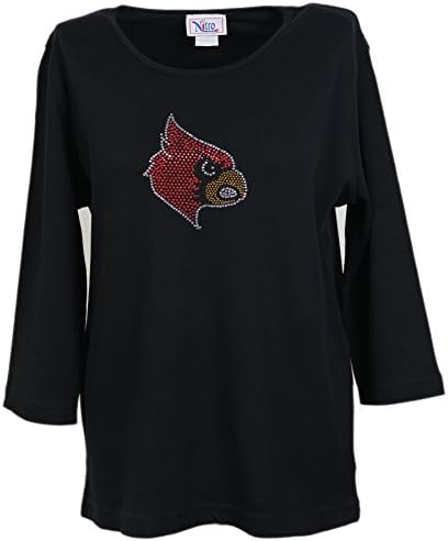 NCAA Louisville Cardinals Women's Crew Neck 3/4 Sleeve Top With Rhinestone Cardinal Head, Black, 1X