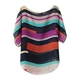 VOBAGA® Women's Short Bat Sleeve Striped Hit Colors Chiffon T Shirt Tops Blouse