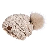 Fedciory Womens Winter Slouchy Beanie Hat, Knitted Warm Fleece Lined Thick Thermal Chunky Baggy Soft Ski Cap for Cold Weather with Faux Fur Pom Pom (Oatmeal)