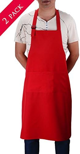 SEW UR LIFE ChristmasRed Professional Waterdrop Resistant Adjustable Extra Long Bib Apron 3 Pockets(2 SET) Home Kitchen Garden Restaurant Cafe Bar Pub Bakery for Cooking Chef Baker Servers Craft
