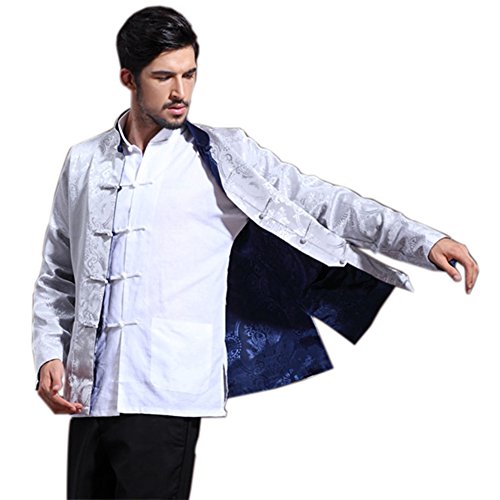 Mens Chinese Kung Fu Long Sleeve Silk Tang Jacket Double Sided Silver Blue