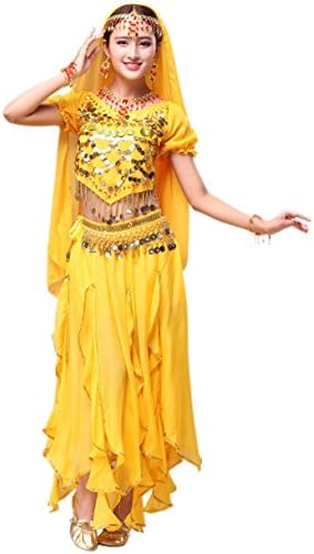 Maylong Women’s Halloween Belly Dance Costume For Girls Silver Coin Hip Scarf (3 Pieces, Yellow)