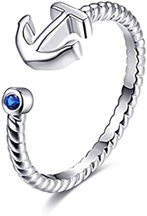 ERLUER Women's Rings Open Adjustable Anchor 925 Silver Plated Blue Birthstone Zircon Ring Women Jewelry
