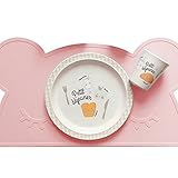 Kids Placemat - Eating with Sweet Bear, Silicone Placemat For Kids, Waterproof Baby Placemat, Portable Food Mat Travel Placemat for Toddler, Non Slip Silicone Placemat Easy Clean Reusable Mat Pink