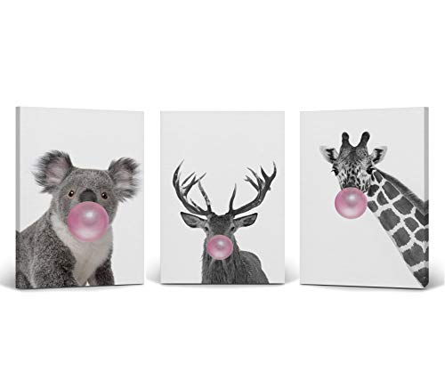 Reindeer Koala Giraffe Animal Bubble Gum Art 3 Panel Canvas Print Set Pink Gum Black and White Wall Art Nursery Decor Baby Room Boy Girl Kids Room - Stretched Ready to Hang Handmade in USA- 22x15