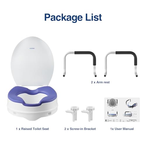 ANNWA Adult Toilet Booster Seat with Armrests and Lid, Raised Toilet Seat 10 cm, Adult Toilet Booster Seat with Padded Handles, 200 kg Load, Post Surgery Toilet (N1FYT16)