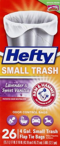 HEFTY SMALL GARBAGE BAGS, FLAP TIE, LAVENDER & SWEET VANILLA SCENT, 4 GALLON, 26 COUNT