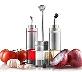 Francois et Mimi Stainless Steel and Glass Cruet Set, Oil and Vinegar Bottles, with Salt and Pepper Shakers and Rack