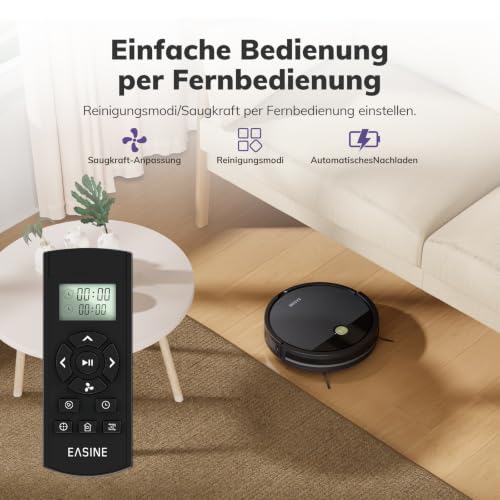 EASINE Robot Vacuum Cleaner, Brushless Design Vacuum Cleaner Robot, Strong Vacuum, Self-Charging, Remote Control, Flat, Suitable for Pet Hair and Hard Floors, E3
