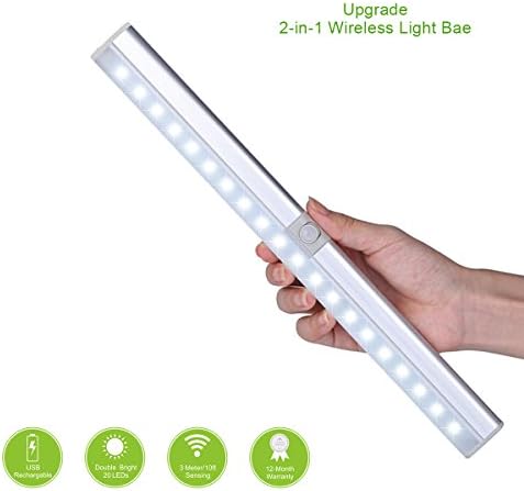 Motion Sensor Light,GLIME Cabinet Light with Adjustable PIR Sensor Under Closet Lights Bar 20LED Portable Wireless Stick on Anywhere Night Lights Battery Operated USB Rechargeable Lamp Easy to Install