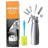 Animato Whipped Cream Chargers Dispenser - Nitro Cold Brew Coffee Maker Whipping Siphon. Leakproof Stainless Steel Decorating Tips with Bonus Cleaning Brushes, Recipe eBook. Aluminum 1 Pint Silver