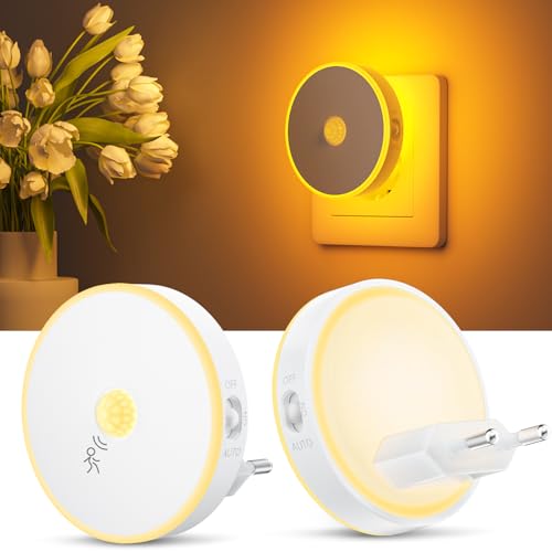 Children's Night Light 2 Pcs with Motion Sensor, Children's Night Light Adjustable Brightness Plug, 3 Modes (AUTO/ON/OFF), Night Light with Backlight for Children/Hallway/Bedroom- Amber