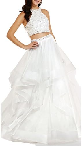 Fnina Women's 2 Pieces Evening Dress Gilrs Top Beaded Prom Gown HPM267 White US20W