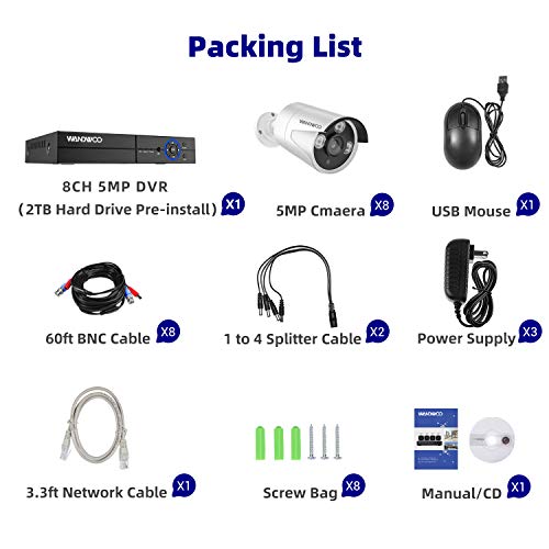 Home Security Camera System,Wandwoo 5MP Security Camera System,8-Channel Ultra HD 4K Output Video DVR Recorder,8×5.0MP (2560 X 1944) Security Cameras,2TB Hard Drive for 24/7 Recording
