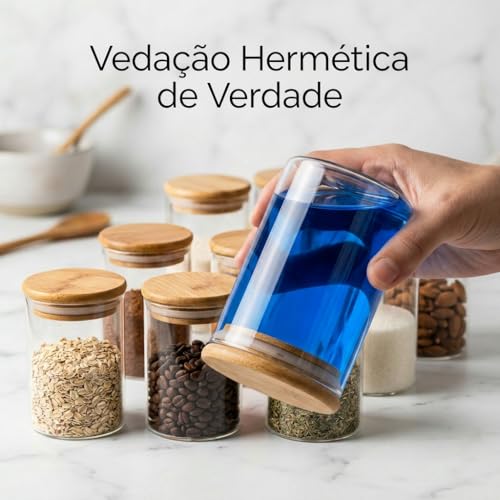 Kit 10 Potes Herméticos 250ml de Vidro com Tampa de Bambu Natural – Redondos com Vedação de Silicone, Organizadores para Cozinha, Armazenar Temperos, Grãos, Café, Chá, Açúcar, Doces e Mantimentos