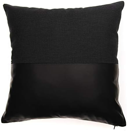 Genuine Leather Throw Pillow Cover | Sheepskin Lambskin Cushion Case| 16"x16" | Elegant, Luxury, Modern Home Decor, Accessory | For Couch, Sofa (Half Leather Half Cotton-Glossy Black)