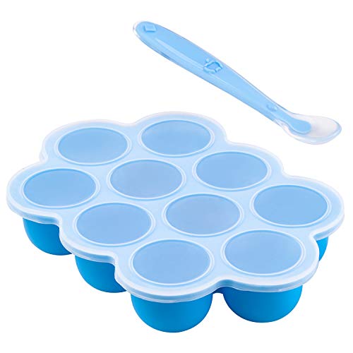 FERMINI-Food-Freezer-Tray-and-Food-Storage-Container-with-Silicone-Clip-on-Lid-Easy-OutStorage-Container-1-Spoon-for-Homemade-Baby-Food-Vegetable-Fruit-Purees-and-Breast-Milk-Blue
