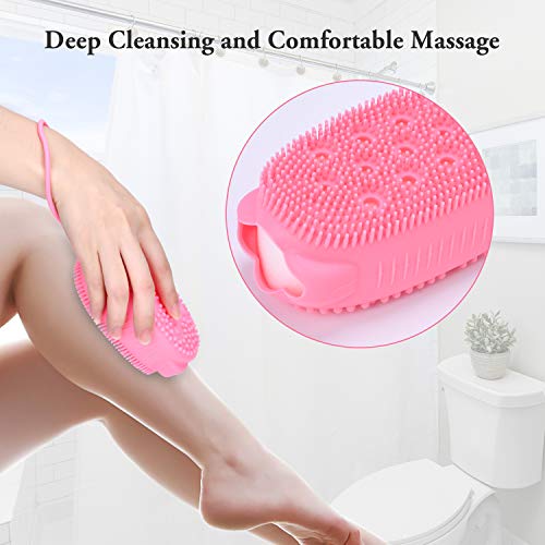 Silicone Bath Body Brush for Woman, Exfoliating Body Scrub Brush, Shower Cleansing Scrubber Brush for Girl, Double-Sided Silicone Sponge Bath Brush with Soft Brush Head and Hard Massage Ball