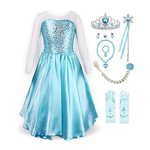 Relibeauty Princess jurk met lange mouwen voor meisjes met accessoires (5-6 jaar, hemelsblauw)