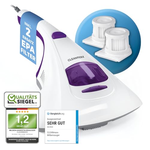 CLEANmaxx Milbensauger mit UV-C-Licht & 2 EPA-Filter, Matratzen Handstaubsauger für Allergiker, Anti Milben Matratzenreiniger vernichtet 99,9% Aller M