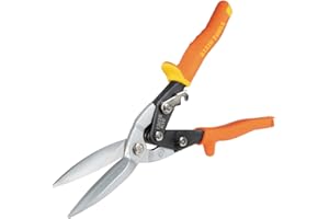 Klein Tools 1302S Aviation Tin Snips, Straight, Long Cut, Heavy Duty Metal Cutting Shears with Forged Steel Blade