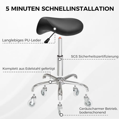 BEWISHOME Saddle Stool Height Adjustable, Saddle Stool with Wheels, 360° Swivel Stool, Roller Stool, Ergonomic Stool, Load Capacity 200 kg for Beauty Salons, Spas Salons and Clinics (Black)