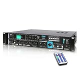 70V System Audio Power Amplifier - 700W Rack Mount Portable Home Stereo Sound Receiver Mixer System w/ 70V 100V Speaker Output, RCA AUX IN, USB, Mic Talkover - For Multi Speakers - Pyle PT930U