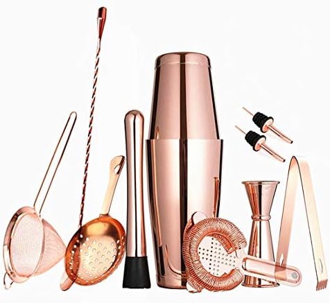 BarSoul11 Pieces Copper Boston for Professional Bartender and Home Bar: 2 Weighted Tins, Strainer Set, Measuring Jigger, Ice Muddler & Tong, Mixing Spoon Liquor Pourers