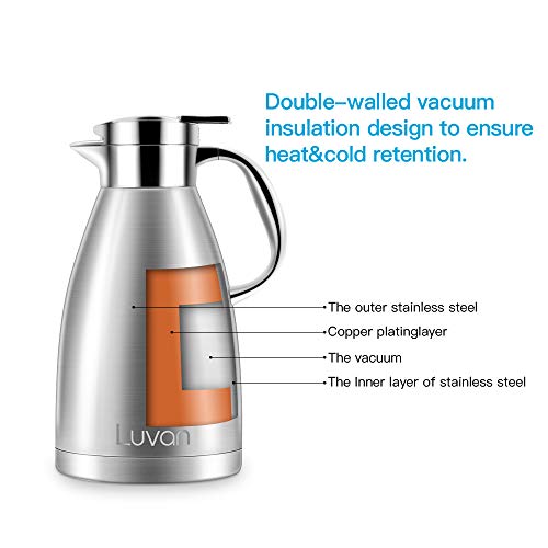 Luvan 304 18/10 Food-grade Stainless Steel Thermal Carafe/Double Walled Vacuum Insulated Coffee Pot with Press Button Top,24+ Hrs Heat&Cold Retention,BPA Free,for Coffee,Tea,Beverage etc (61 Oz)
