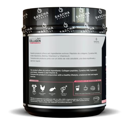 SASCHA FITNESS Hydrolyzed Multi Collagen Peptides Tipes 1,2 & 3 |Hyaluronic Acid|Biotin |Cynatine HSN|Vitamin C & E |for Hairs, Skin & Bone Support|Strawberry Lemonade