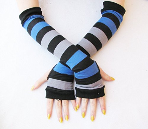Dark Alice Stripes Arm Warmers Fingerless Gloves Blue Black Grey