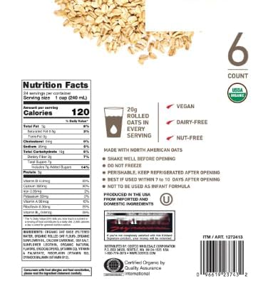 Organic Oat Milk Beverage, 6-Count 32oz Cartons, 100% Vegan Non-Dairy, Non-GMO Kosher, 20g Rolled Oats per Serving