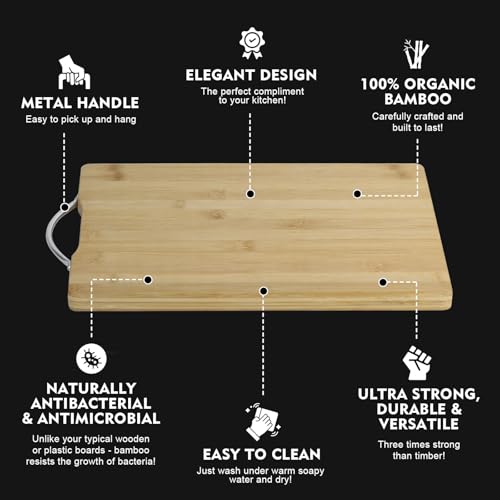 SKY-TOUCH 2 Size Bamboo Cutting Boards Set, Chopping Boards with Handle, Non-Slip Wooden Double-Side Using for Meat, Cheese, Fruits & Bread, 34x24cm and 30x20cm, Wood Yellow