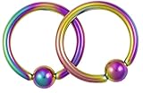 Pair of 2 Rings: 14g 7/16 Inch Surgical Steel Rainbow IP Plated Captive Bead Hoop Rings