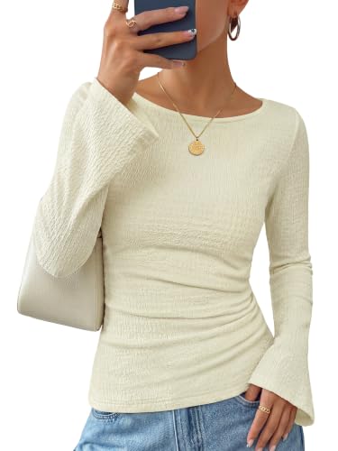 Women's Boat Neck Ruched Shirts Bell Long Sleeve Fall Cute Tops Apricot at Amazon