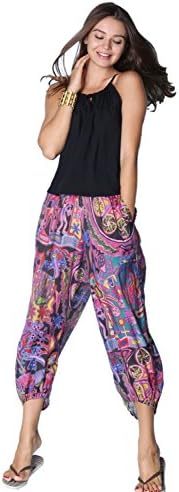 LALUNESSE Women's Bohemian Elastic Waist Loose Wide leg Harem Bloomers Pants,Multicolor, Large