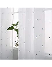 Deconovo Tende Trasparenti Ricamate Stelline Bianco in Voile con Occhielli per Porta Salotto 140x180 CM 2 Pannelli Bianco