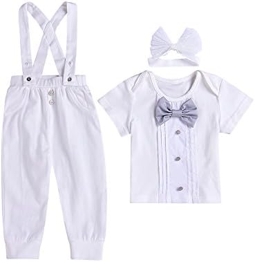 Toddler Baby Boys Gentleman Bowknot Buttons Short T-Shirt Tops+Suspender Pant+Cute Headband Outfit (White, 6-12Month)