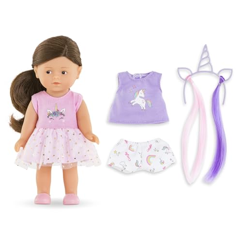 Corolle Mini Corolline Romy Unicorn Gift Set Includes 8" Doll and 3 Accessories - Shirt, Shorts and Headband with Hair Extensions, for Ages 3 Years and up