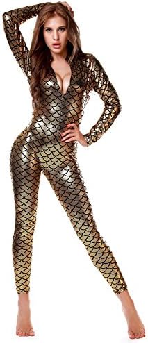 KNEEDARKYEAR Women's Fish Scales Mermaid Long Sleeve Catsuit Front Zipper (One-Size, Gold)