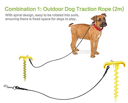 Pecute 3 In 1 Dog Tie Out Cable and Stake, Dog Tug of War Toy Puppy Chew Toys Portable Dog Teething Toy, Tough and Bite-Resistant, Molars, Teeth Cleaning(Yellow, 2m Cable)