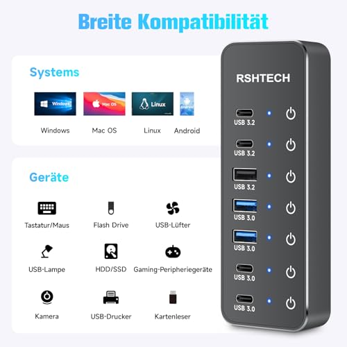 RSHTECH 7 port hub 3 x 10Gbps 4 x USB 3.0 (2 x USB-A, 2 x USB-C) aluminium cable 100 cm
