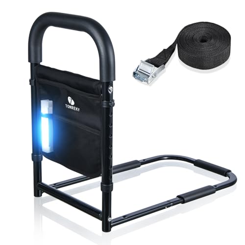 Bed Rails for Elderly Adults Assist Safety with Motion Light for Seniors Hand Bar Grab with Storage Pocket Patent Stabilizer with Fixing Strap, Support Up to 300lbs