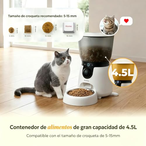 ARENTI Dispensador Croquetas para Perro Gato con Cámara 3MP WiFi 5G/2.4G, 4.5L, con Fuente Agua Inoxidable, Visión Ajustable, IA Detección Mascotas/Sonidos, Alerta Falta Comida, Audio Bidireccional