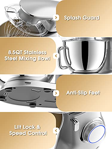 8.5 L 2000 W Bread Mixer for Pastries, Facelle Kitchen Robot, Kneader, Low Noise, Powerful and Professional, 6 Speeds with Pulse, Stainless Steel Bowl