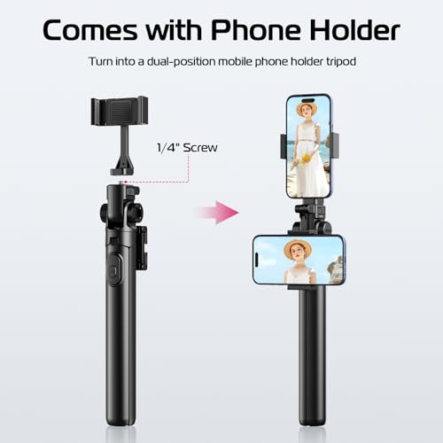 ULANZI MT-70 Extendable Tripod, 63" Selfie Stick Vlog Tripod Stand with 2 Phone Clips as Teleprompter, 360° Rotate Camera Holder for iPhone, Sony, Canon, DJI Osmo Nano, Lightweight for Travel, Black